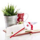 A small red notebook lies open with a pen featuring Santas face resting on it. A metal pot with green grass, a red cup with white snowflakes, and golden ornaments decorate the white surface in the background.