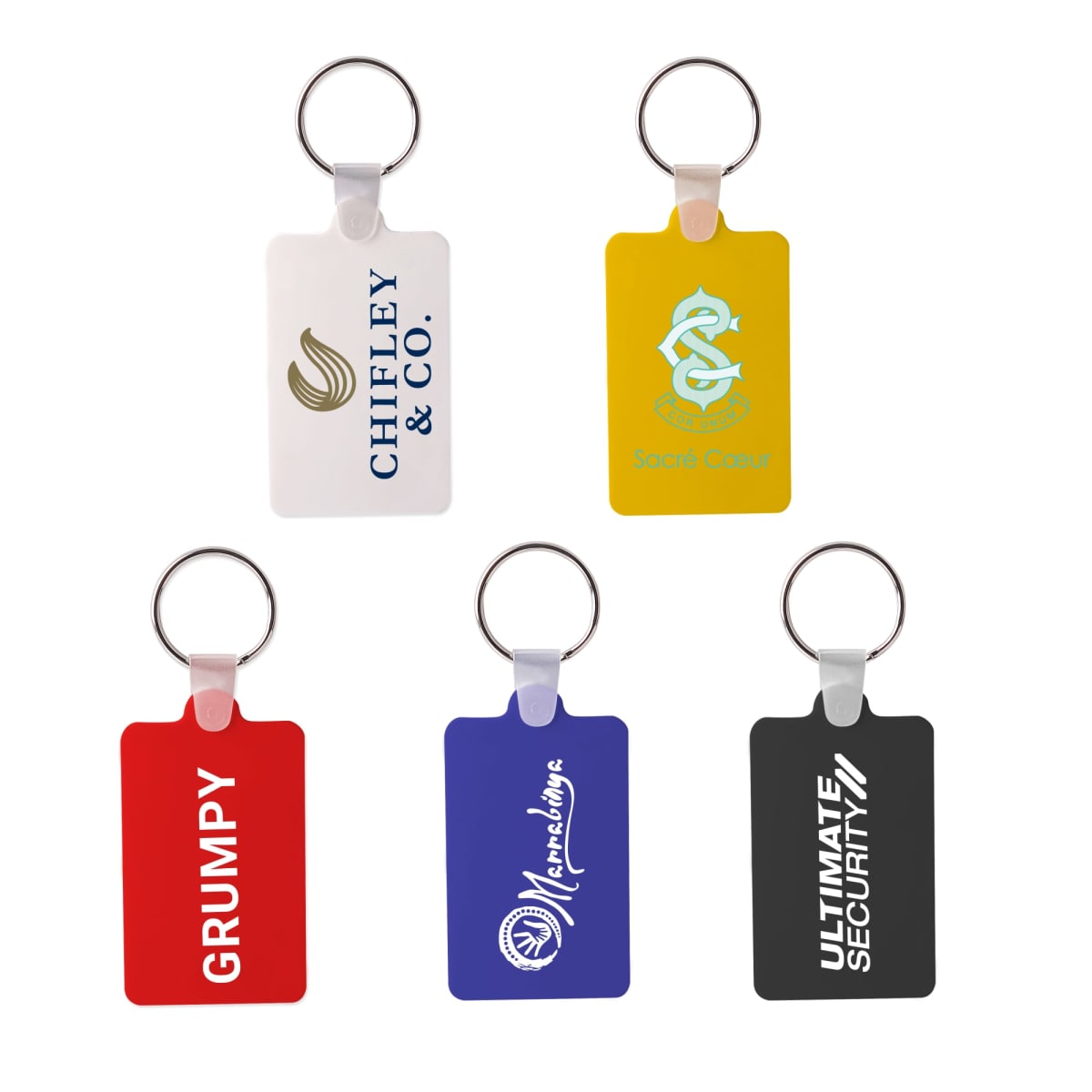 Five rectangular key tags with logos: white (Chifley & Co.), yellow (Soda Crush), red (Grumpy), blue (Monetalia), and black (Ultimate Security). Each has a metal ring and a transparent attachment.