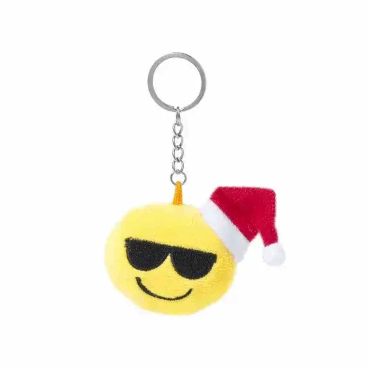 A keychain featuring a plush yellow emoji wearing black sunglasses and a red Santa hat. The emoji has a smiling expression. The keychain is attached to a small metal chain and ring.