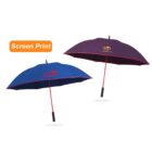 Two umbrellas with red handles and black tips; one is blue with a red logo and the other is purple with a yellow logo. An orange label above reads Screen Print.
