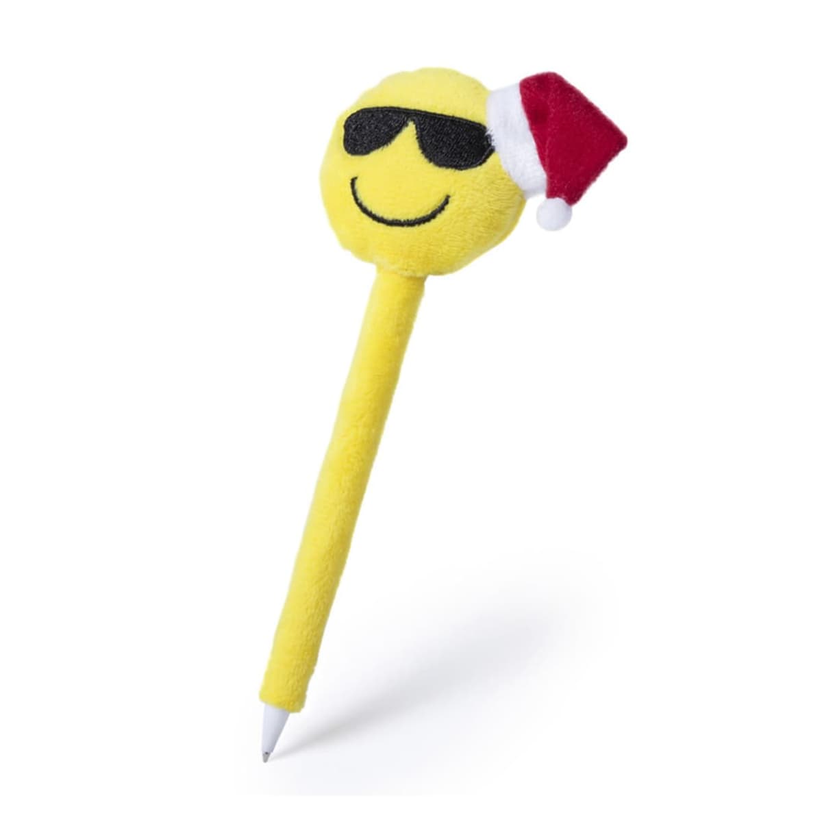 A pen with a plush yellow emoji topper featuring sunglasses and a Santa hat. The pen is covered in yellow plush fabric, giving it a soft, festive appearance.
