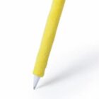 A yellow fleece-covered pen or pencil standing upright on a white surface. The image focuses on the tip, highlighting the textured fabric wrapped around the writing instrument.
