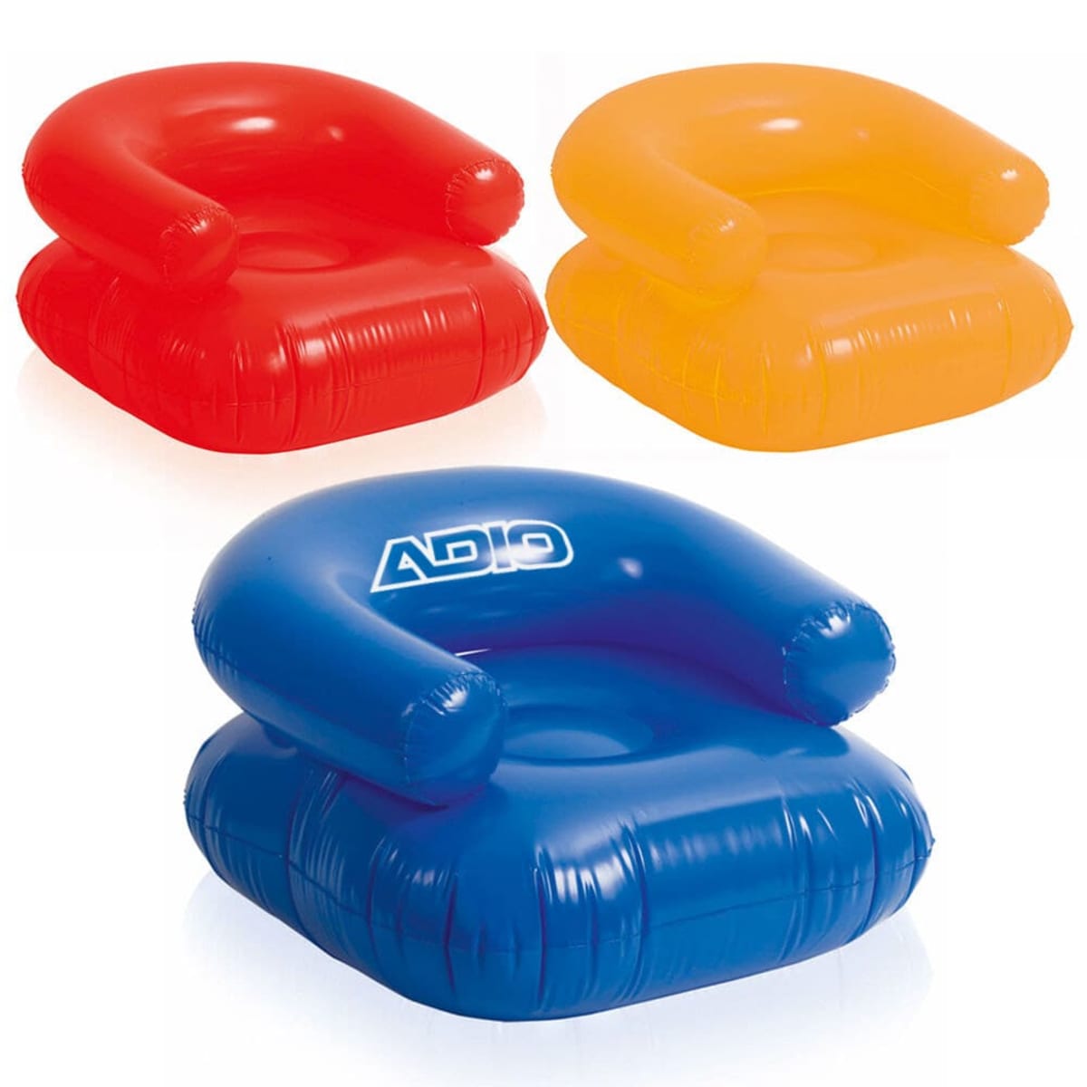Three inflatable chairs are shown: one red, one orange, and one blue with a white logo. The chairs have a puffy, armchair-like design and appear suitable for lounging.
