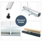 Collage showing parts of a retractable banner stand: top left shows the clip, top right shows the base with a pole, bottom left is a close-up of a pole connection, and bottom right shows a carrying case with its box. Central text reads Standard Details.