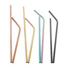 Four pairs of metal straws in different colors: copper, gold, multicolored, and black. Each pair has one straight and one bent straw. They are arranged vertically with space between each pair.
