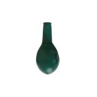 A deflated dark green balloon with a rounded body and a narrow neck lying against a plain white background.