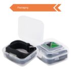 A black smartwatch with a rectangular display is placed inside an open, transparent plastic box. The box features the logo Square. An orange arrow above points right, labeled Packaging.