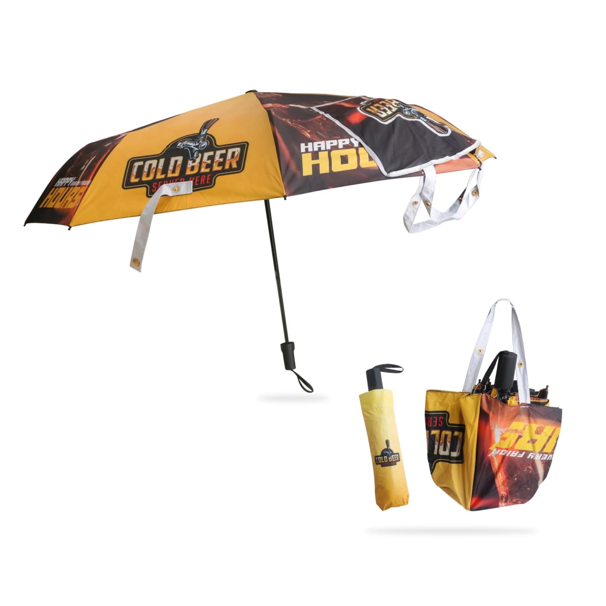 A set of promotional items featuring a yellow and black design with the text Cold Beer. It includes an open umbrella, a closed umbrella with a sleeve, and a tote bag, all displaying similar graphics and lettering.