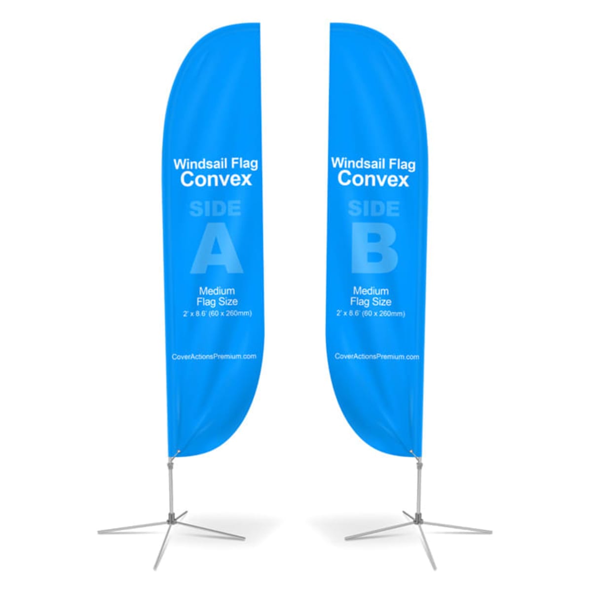 Two blue windsail flags are displayed side by side. Each flag is labeled with Windsail Flag Convex, showing SIDE A on the left and SIDE B on the right. The text also notes a Medium Flag Size. Both flags stand on tripod bases.