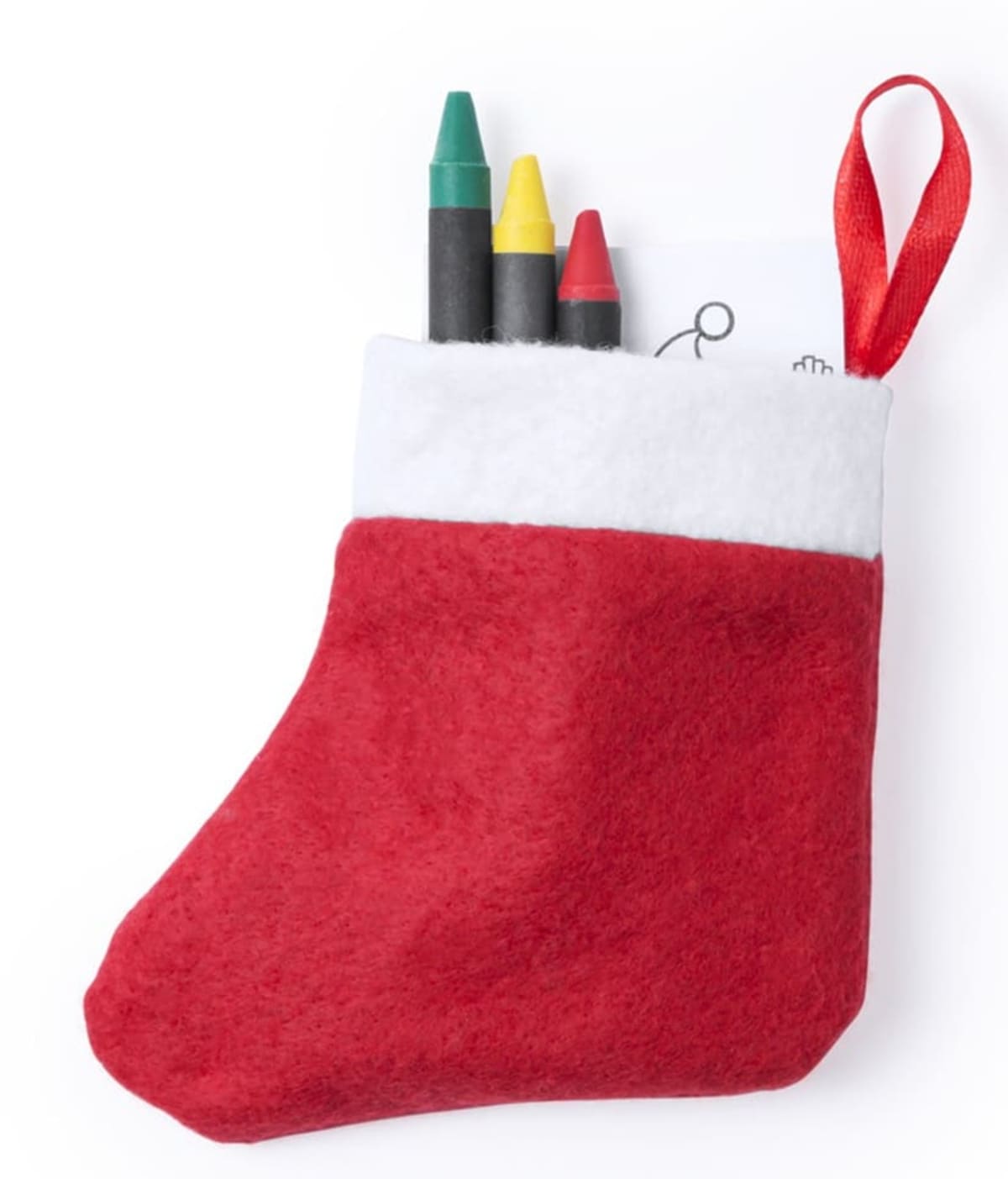 A small red felt stocking with a white cuff, containing green, yellow, and red crayons, along with a piece of white paper with a printed design. The stocking has a red loop for hanging.