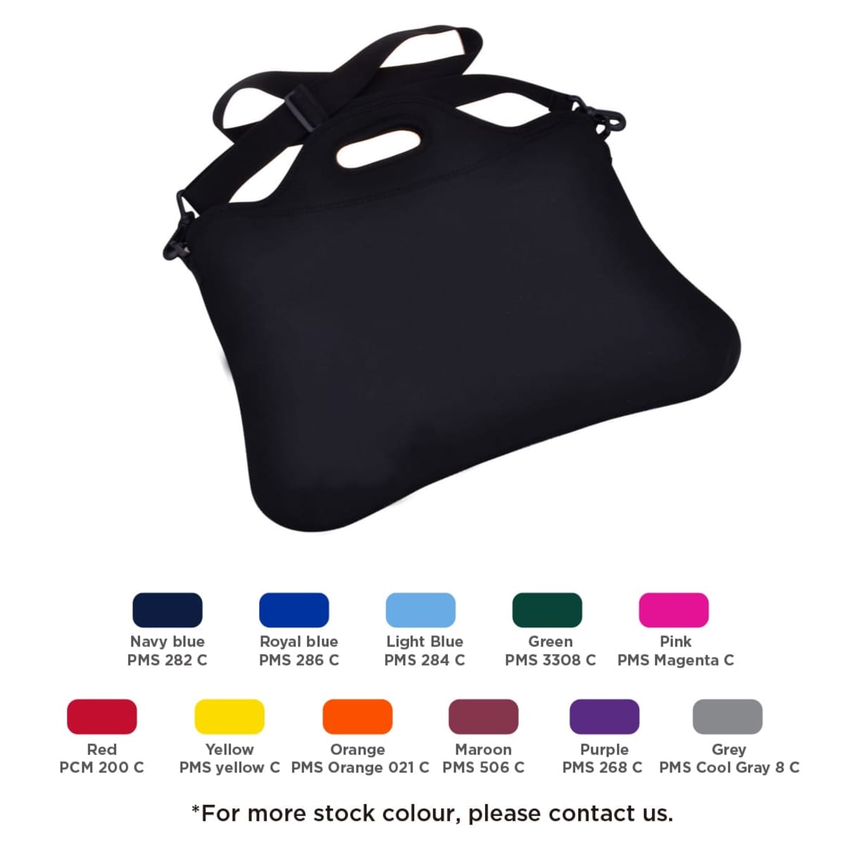 Image of a black ergonomic seat support with a handle and straps. Below, a selection of color options is shown: Navy blue, Royal blue, Light blue, Green, Pink, Red, Yellow, Orange, Maroon, Purple, and Grey, each labeled with its PMS code.