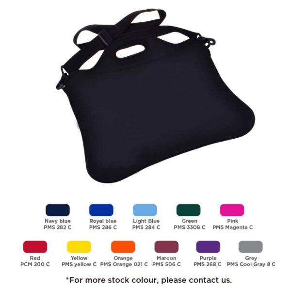A black, flexible bag with a handle and shoulder straps is displayed against a white background. Below, there are color options: Navy blue, Royal blue, Light blue, Green, Pink, Red, Yellow, Orange, Maroon, Purple, and Grey, each with PMS codes.