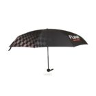 Black umbrella with a checkered pattern on one side and the text FLiNE and since 2016 on the other. It has a black handle and is fully open.