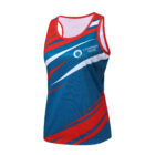 A sleeveless athletic jersey with a vibrant design featuring red, blue, and white abstract stripes. The logo area reads Company Name.