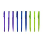 Five purple, two blue, and two green pens are arranged vertically in a row against a white background. Each pen features a clip on its cap.