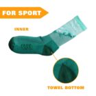 Image of a green sock with patterns, labeled FOR SPORT. A section is highlighted, indicating a TOWEL BOTTOM, suggesting cushioned support or comfort. Another label, INNER, points to the socks interior.