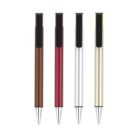 Four sleek ballpoint pens are lined up vertically. From left to right, the pens are brown, red, silver, and gold. Each pen has a black clip at the top and a metallic tip. The background is plain white.