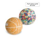 Two basketballs with colorful prints are displayed. The left ball features white line art on an orange background, and the right ball showcases a floral pattern with various colors. A text bubble reads Full colour print all over.
