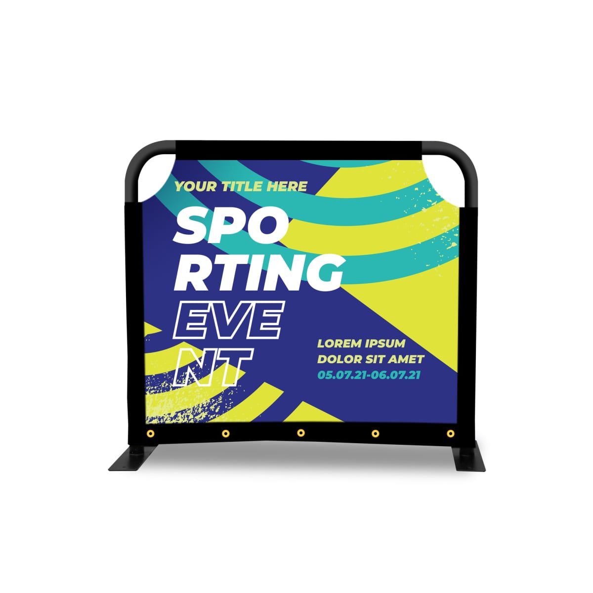 Promotional banner for a sporting event with bold text on a colorful background. Text placeholders include Your Title Here, Lorem Ipsum Dolor Sit Amet, and dates 05.07.21-06.07.21. The design features blue, lime green, and yellow accents.