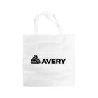 White tote bag with black triangular logo and the word AVERY printed in bold uppercase letters beneath it.