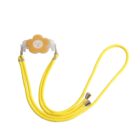 A yellow lanyard with dual cords and silver clips. It features a flower-shaped badge holder with a neutral face in its center. The lanyard ends in two metallic tips.