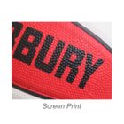 Close-up of a red and white textured sports ball with the word BURY in black, embossed text. There is a label Screen Print below the image.