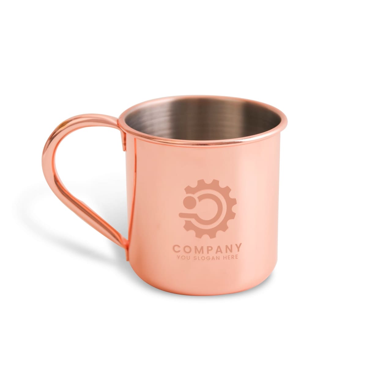 A copper mug with a polished finish, featuring a simple handle. The mug is placed on a light surface, displaying a company logo and placeholder text on its side. The interior appears silver, contrasting with the mugs exterior.