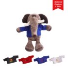 Plush elephant wearing a blue T-shirt, with optional custom T-shirts displayed below in black, red, white, and blue. Each shirt has a different logo, and a red corner flag reads Optional Custom T Shirt.
