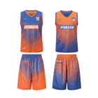 Two basketball jerseys with matching shorts in orange and blue gradient designs. The jerseys have a V-neck and display the word SPONSOR on the front, along with a logo emblem. The shorts show the word SOCCER on one side.