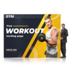 A poster features a muscular man holding a dumbbell, promoting a free workout landing page. The background is a mix of yellow and gray with geometric patterns. A man in a suit poses next to the poster. The text reads watch now.