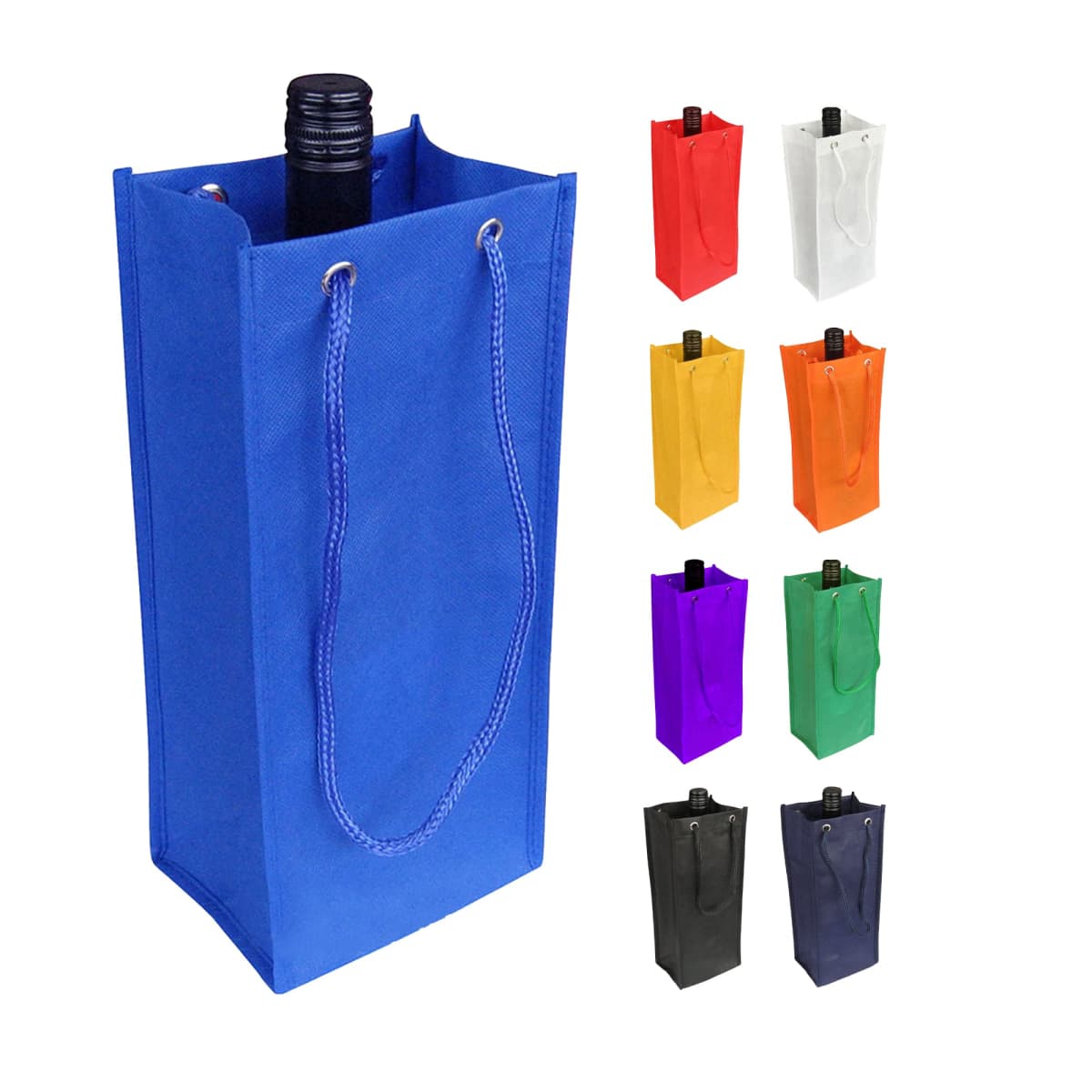 A blue fabric tote bag with a wine bottle inside. The bag has two rope handles. To the right, there are smaller images of similar bags in eight colors: red, white, yellow, orange, purple, pink, black, and green.