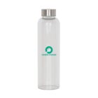 A transparent water bottle with a silver cap. It features a green circular logo with the words Green Power beneath it. The bottle stands upright, with the logo centered on its surface.