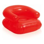 A bright red inflatable chair with a rounded backrest and armrests. It is shiny, suggesting its made of a plastic material. The chair appears suitable for use in water or as lightweight seating.