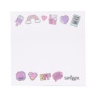 A square notepad with pixel art icons along the top and bottom, including a popsicle, rainbow, hearts, phone, smiling face, and the words LOVE, BFF, and LOL. The brand name Smiggle is in the bottom right corner.
