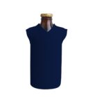 A brown bottle dressed in a novelty navy blue sweater with a v-neck, giving it a quirky appearance. The bottles cap is visible at the top.