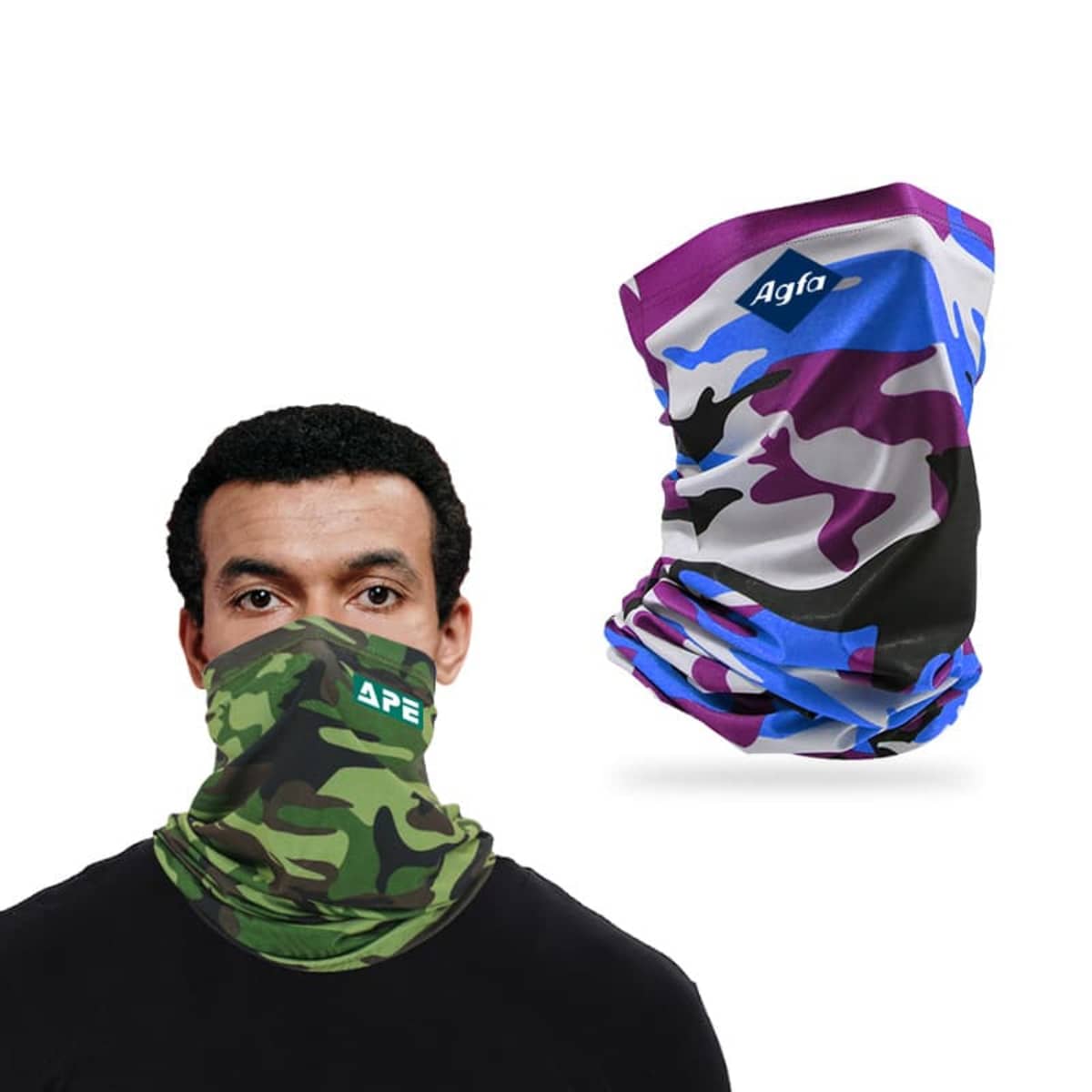 Man wearing a green camouflage face covering labeled APE on the left. On the right, a purple and blue camouflage face covering labeled Agfa is displayed. Both are against a plain white background.