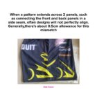 Black and gray fabric panels with brand logos and a side seam. Text above explains pattern misalignment across panels, noting a typical 0.5 cm allowance. Prominent yellow abstract design on the fabric.
