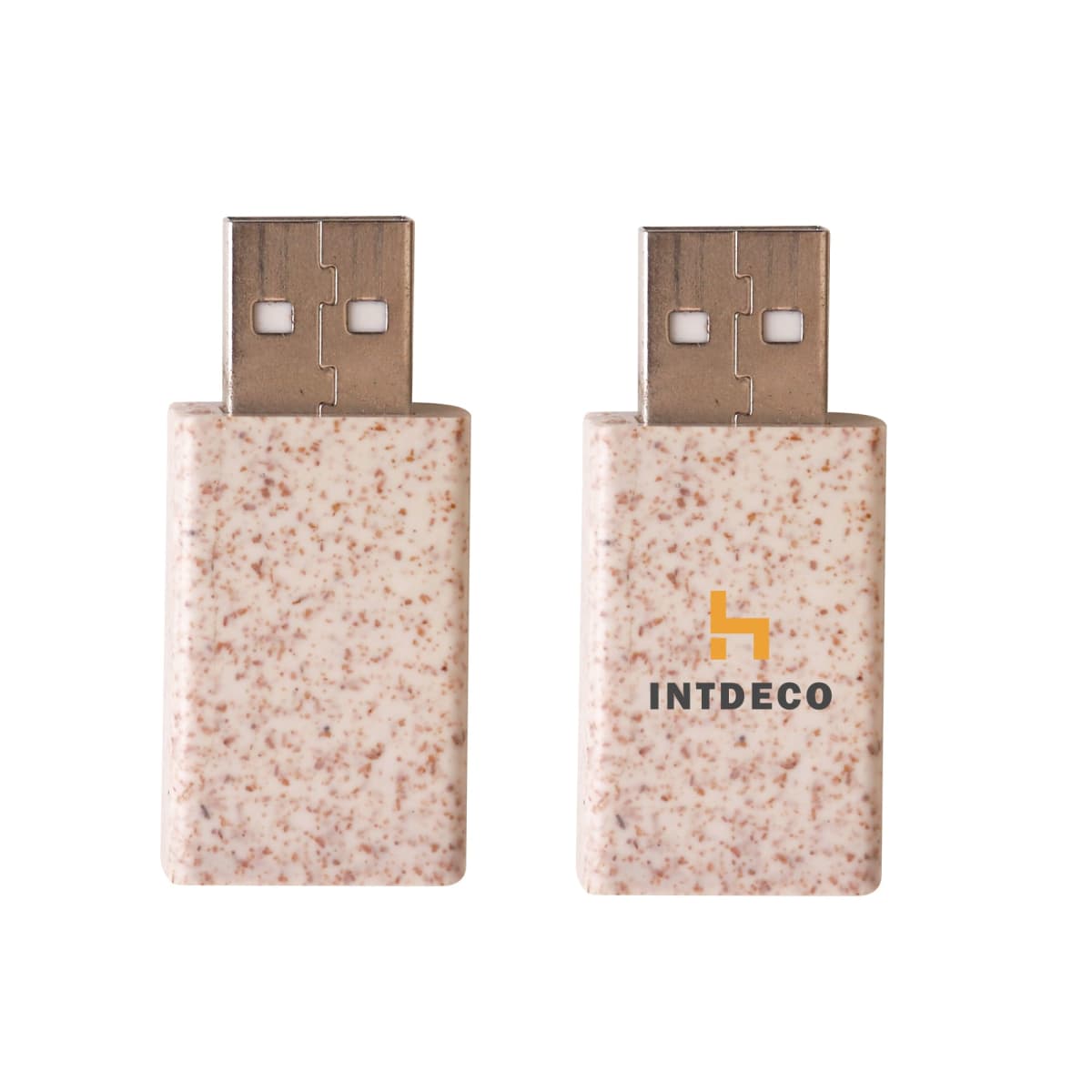 Two USB flash drives with a speckled design and INTDECO logo.