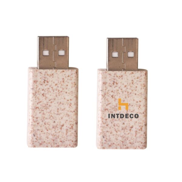 Two speckled USB drives with INTDECO logo and orange icon.