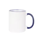 A white ceramic mug with a blue handle and a thin blue rim at the top edge, shown against a plain white background.