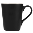 A black ceramic mug with a white interior and a smooth, curved handle on the right side. The mug has a plain and simple design, standing upright against a white background.