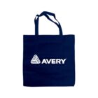 A dark blue tote bag with a triangle logo and the text AVERY in white. The bag has two long handles for carrying.