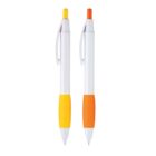 Two retractable pens with white bodies and colored grips. The pen on the left has a yellow grip and top button, while the pen on the right has an orange grip and top button. Both have pocket clips and extended tips.