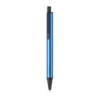 A sleek, metallic blue ballpoint pen with a black tip and black clip, shown against a plain white background.
