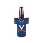 A beer bottle wearing a blue foam cozy shaped like a sports jersey. The cozy has the letter V and crossed swords in orange and white on the front.