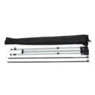 Disassembled portable projector screen stand with four metal rods and a black carrying case displayed on a white background.