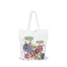 A white tote bag with colorful cartoon designs featuring fruit characters and the words Young Life and Sugar Berry in a playful font.