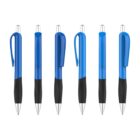 Six blue and black retractable pens with clips, arranged vertically in a row on a white background.