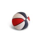 A basketball with a unique design featuring sections of red, white, and black on a white background.