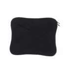 A black cushioned laptop sleeve with a zipper closure, featuring abstract curved stitching patterns on its surface. The sleeve rests against a plain white background.